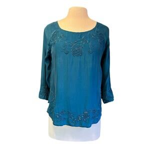 Lucky Brand Silk Bead Detail Eyelet Dressy Teal Green Bohemian Blouse Size Small
